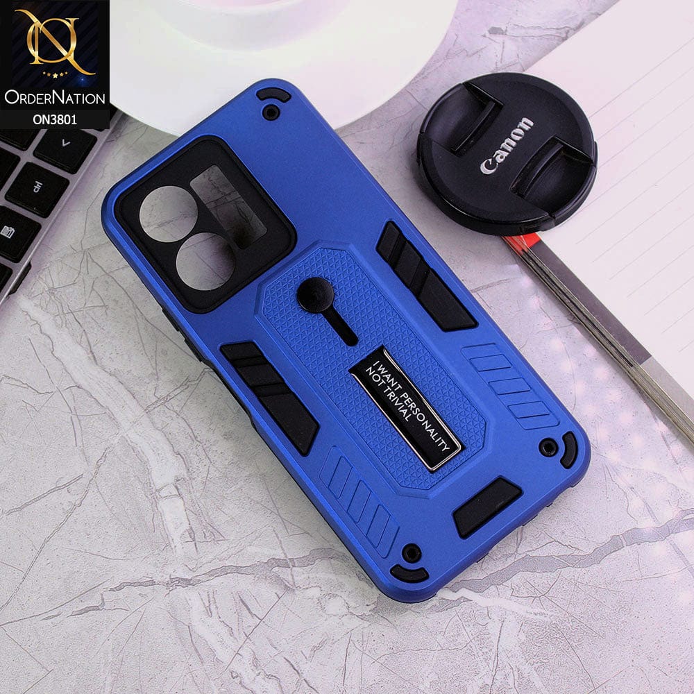 Vivo Y35 Cover - Blue - Hybrid Stylish Slide Finger Grip With Metal Kickstand Soft Borders Case