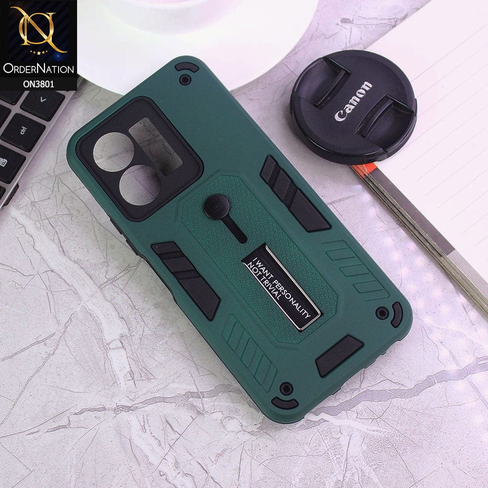 Vivo Y35 Cover - Green - Hybrid Stylish Slide Finger Grip With Metal Kickstand Soft Borders Case
