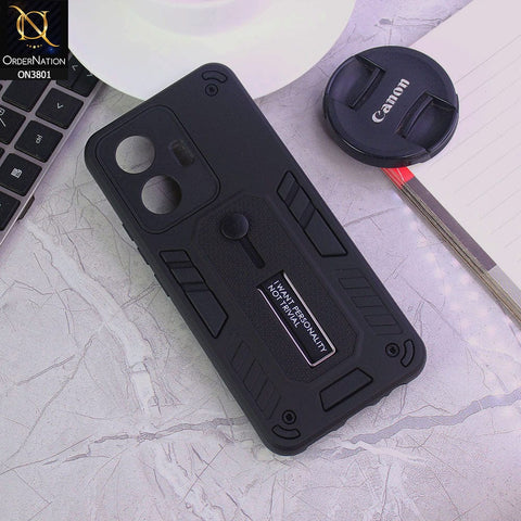 Vivo Y55 4G Cover - Black - Hybrid Stylish Slide Finger Grip With Metal Kickstand Soft Borders Case