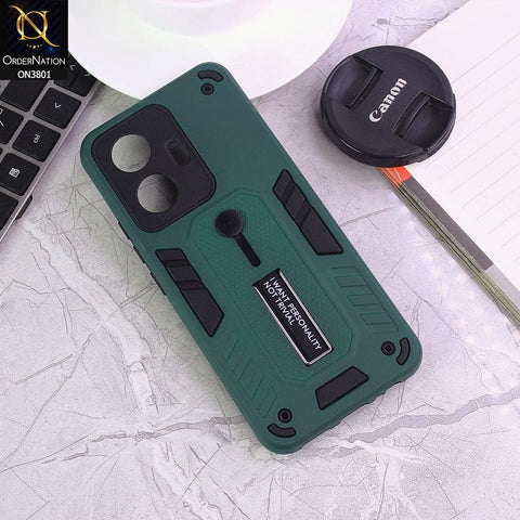 Vivo Y55 4G Cover - Green - Hybrid Stylish Slide Finger Grip With Metal Kickstand Soft Borders Case