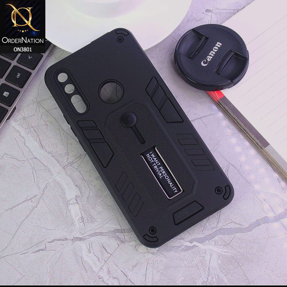 Huawei Y9 Prime 2019 Cover - Black - Hybrid Stylish Slide Finger Grip With Metal Kickstand Soft Borders Case