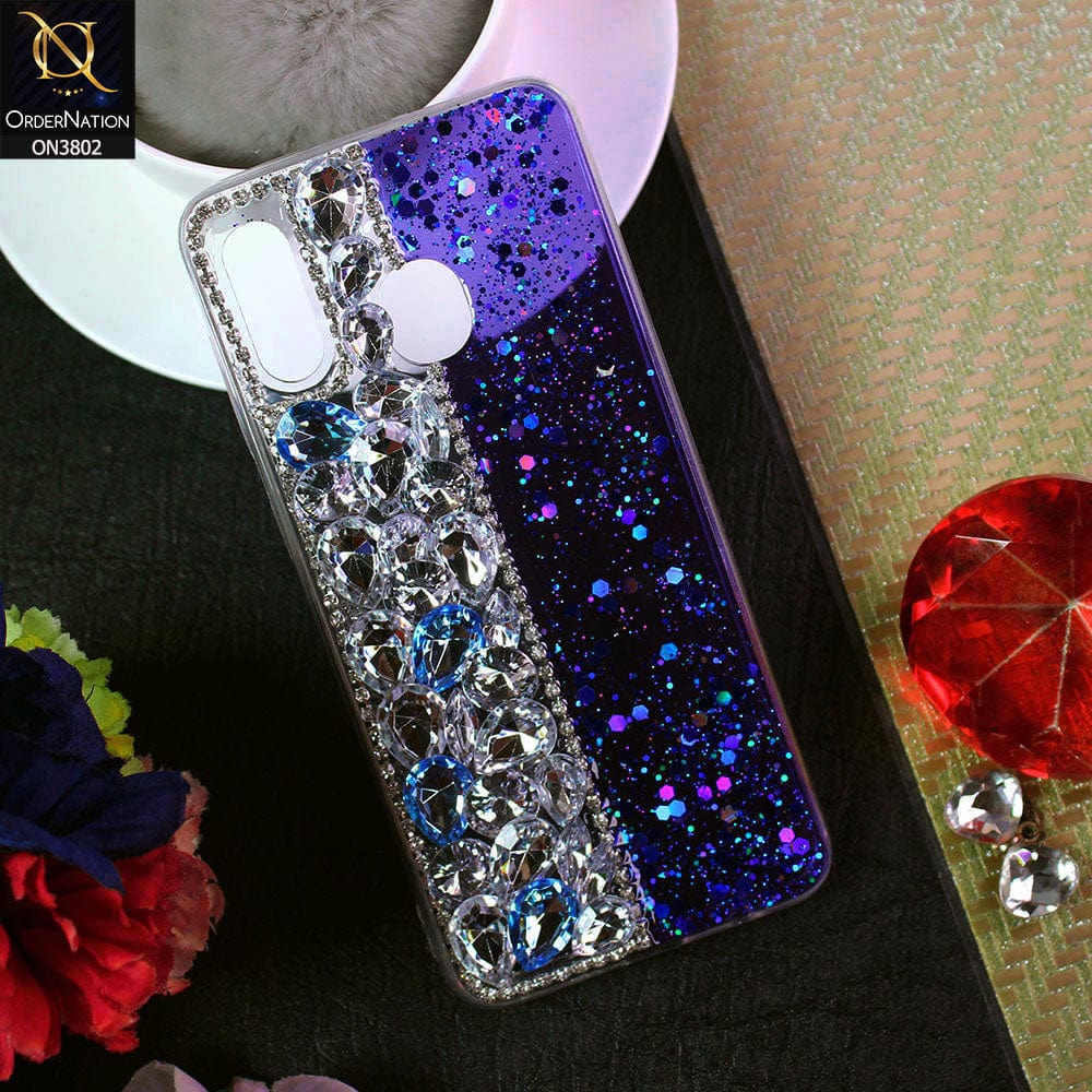 Samsung Galaxy A20 Cover - Blue - New Shinny Glitter Case With Bling Sparkle Stones Soft Borders Protective Case ( Glitter Does Not Move )