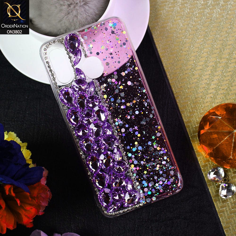 Samsung Galaxy A30 Cover - Purple - New Shinny Glitter Case With Bling Sparkle Stones Soft Borders Protective Case ( Glitter Does Not Move )