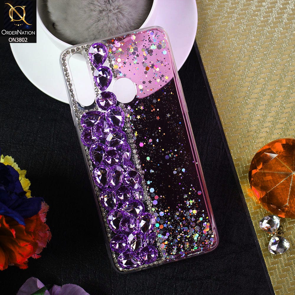 Samsung Galaxy A20s Cover - Purple - New Shinny Glitter Case With Bling Sparkle Stones Soft Borders Protective Case ( Glitter Does Not Move )