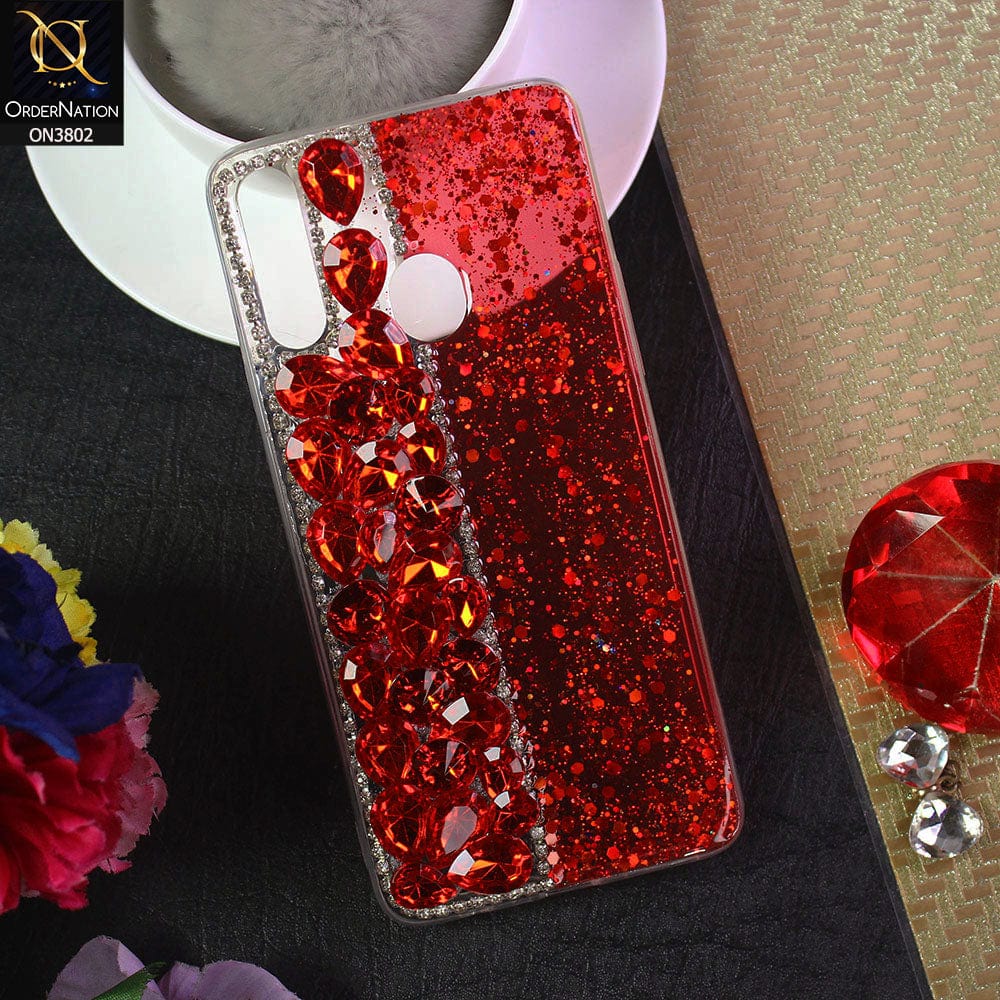Samsung Galaxy A20s Cover - Red - New Shinny Glitter Case With Bling Sparkle Stones Soft Borders Protective Case ( Glitter Does Not Move )