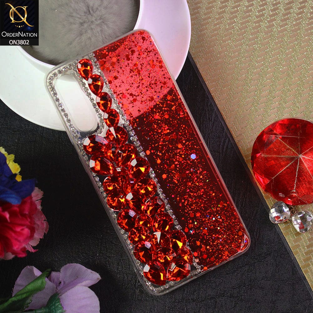 Samsung Galaxy A30s Cover - Red - New Shinny Glitter Case With Bling Sparkle Stones Soft Borders Protective Case ( Glitter Does Not Move )
