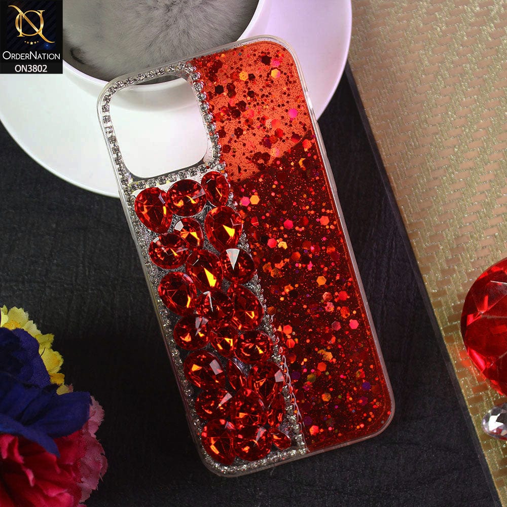 iPhone 12 Pro Cover - Red - New Shinny Glitter Case With Bling Sparkle Stones Soft Borders Protective Case ( Glitter Does Not Move )