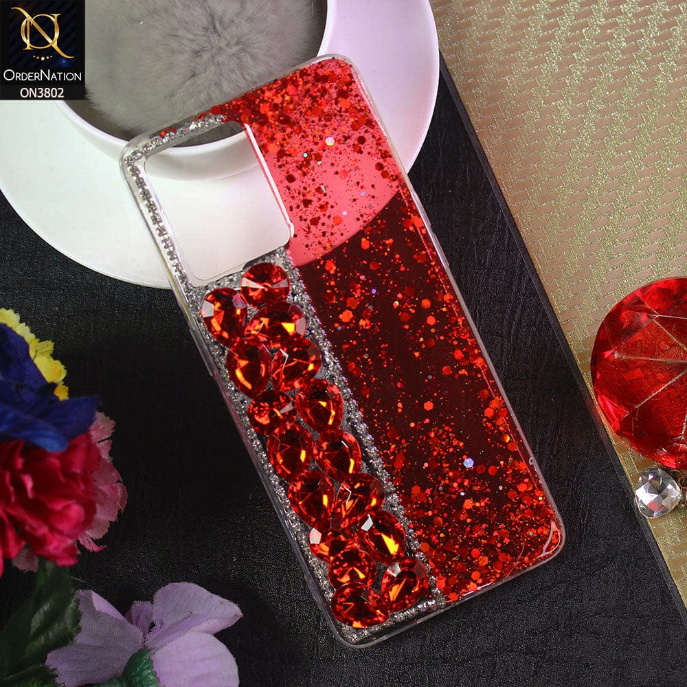 Oppo F21 Pro 4G Cover - Red - New Shinny Glitter Case With Bling Sparkle Stones Soft Borders Protective Case ( Glitter Does Not Move )