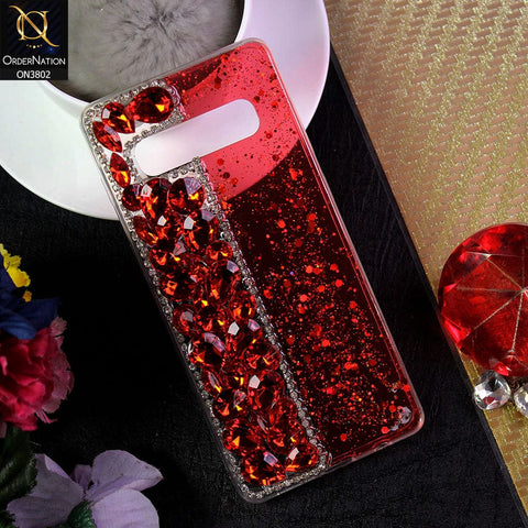 Samsung Galaxy S10 Plus Cover - Red - New Shinny Glitter Case With Bling Sparkle Stones Soft Borders Protective Case ( Glitter Does Not Move )