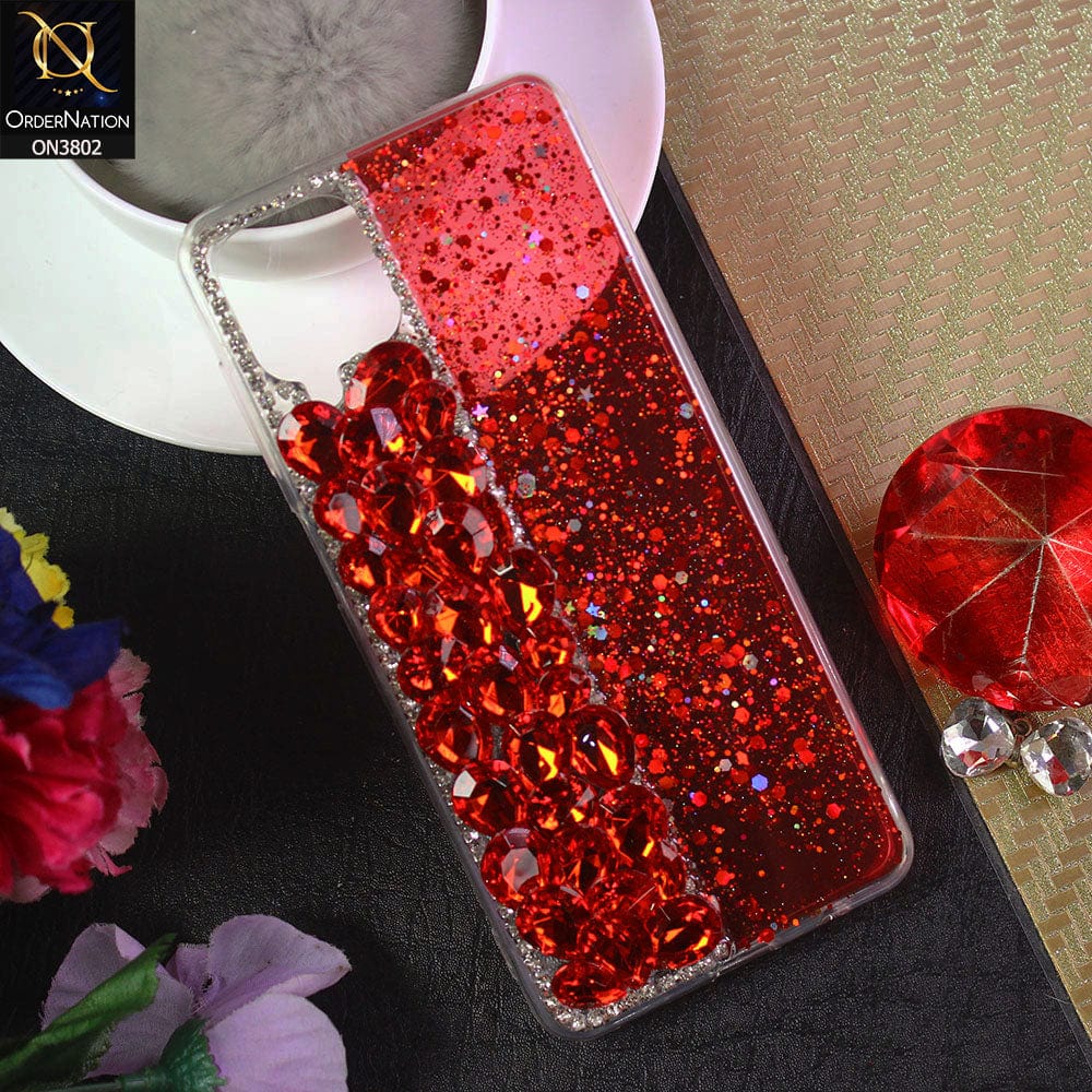 Samsung Galaxy A12 Cover - Red - New Shinny Glitter Case With Bling Sparkle Stones Soft Borders Protective Case ( Glitter Does Not Move )