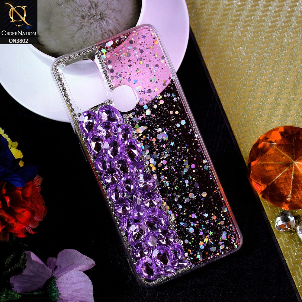 Samsung Galaxy A21s Cover - Purple - New Shinny Glitter Case With Bling Sparkle Stones Soft Borders Protective Case ( Glitter Does Not Move )