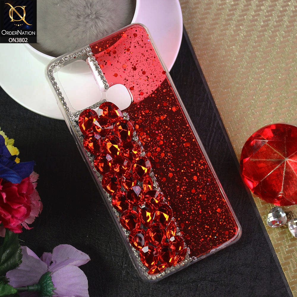 Samsung Galaxy A21s Cover - Red - New Shinny Glitter Case With Bling Sparkle Stones Soft Borders Protective Case ( Glitter Does Not Move )