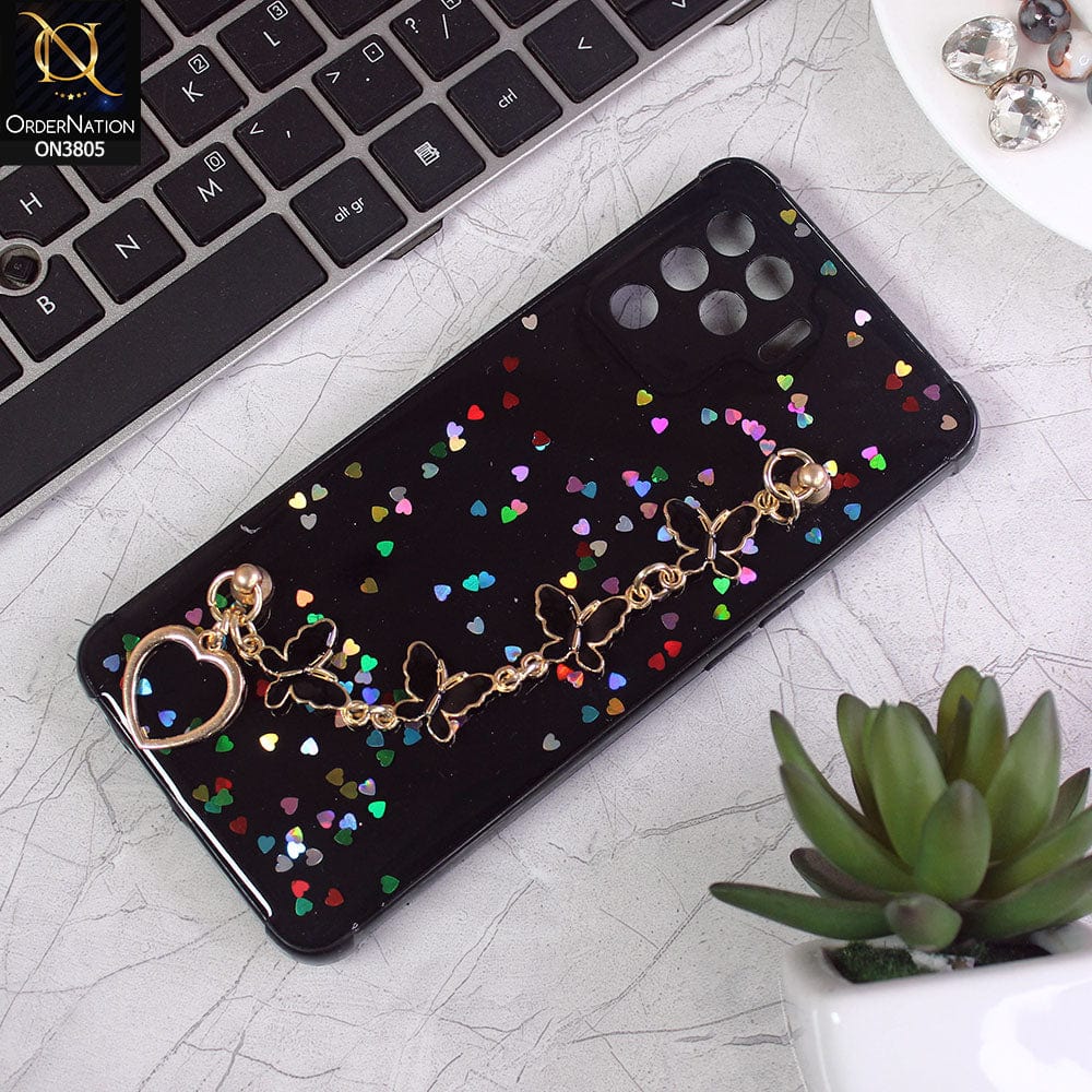Oppo A94 Cover - Black - Shiny Glitter Candy Color Soft Border Camera Protection Case With Butterfly Chain Holder (Glitter Does not move)