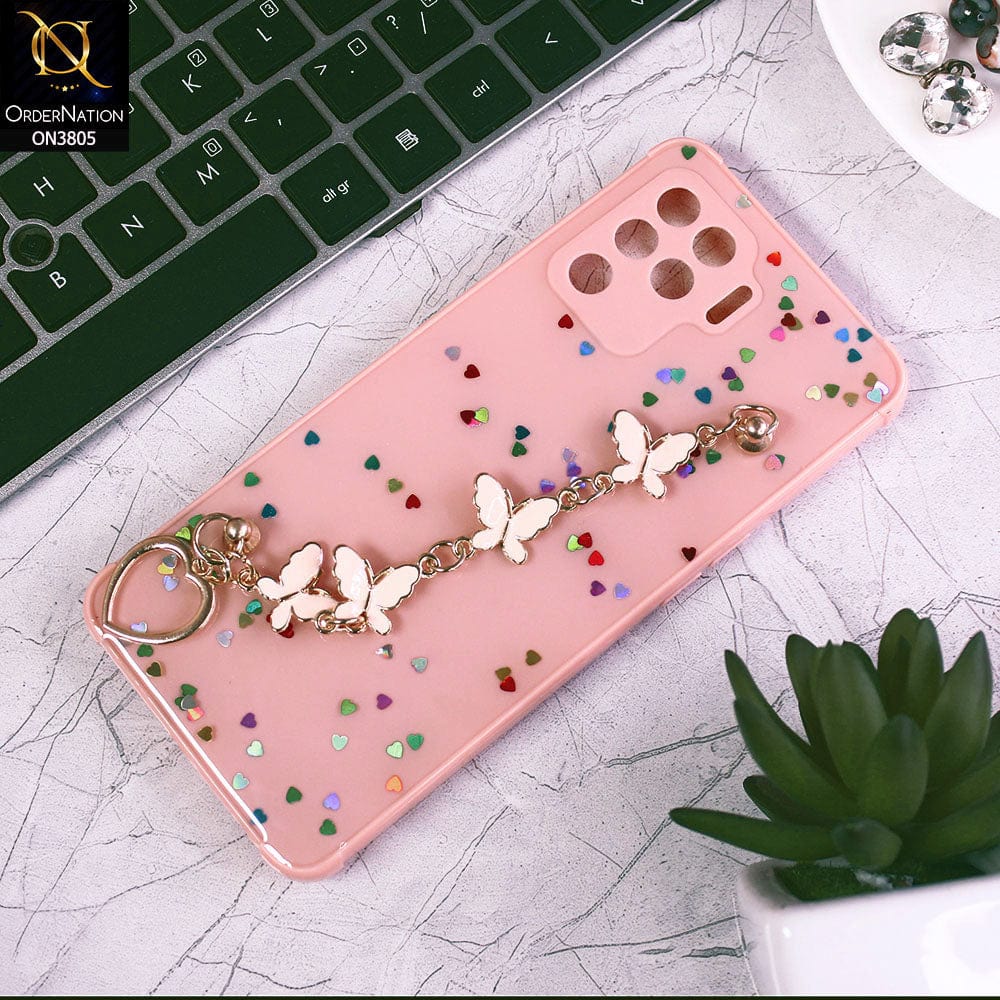 Oppo F19 Pro Cover - Pink - Shiny Glitter Candy Color Soft Border Camera Protection Case With Butterfly Chain Holder (Glitter Does not move)