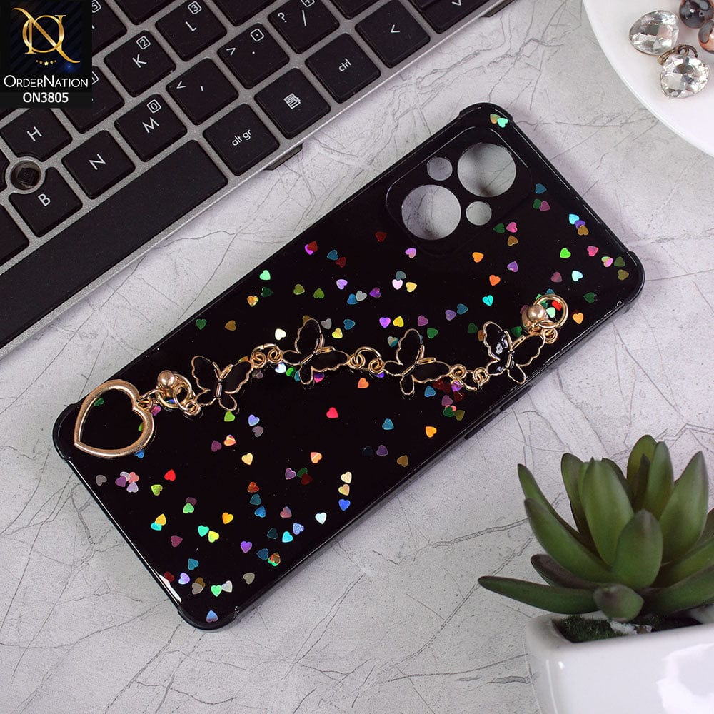 Oppo Reno 7 Lite Cover - Black - Shiny Glitter Candy Color Soft Border Camera Protection Case With Butterfly Chain Holder (Glitter Does not move)