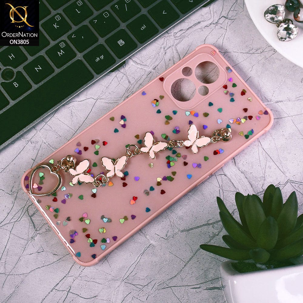 Oppo Reno7 Z 5G Cover - Pink - Shiny Glitter Candy Color Soft Border Camera Protection Case With Butterfly Chain Holder (Glitter Does not move)