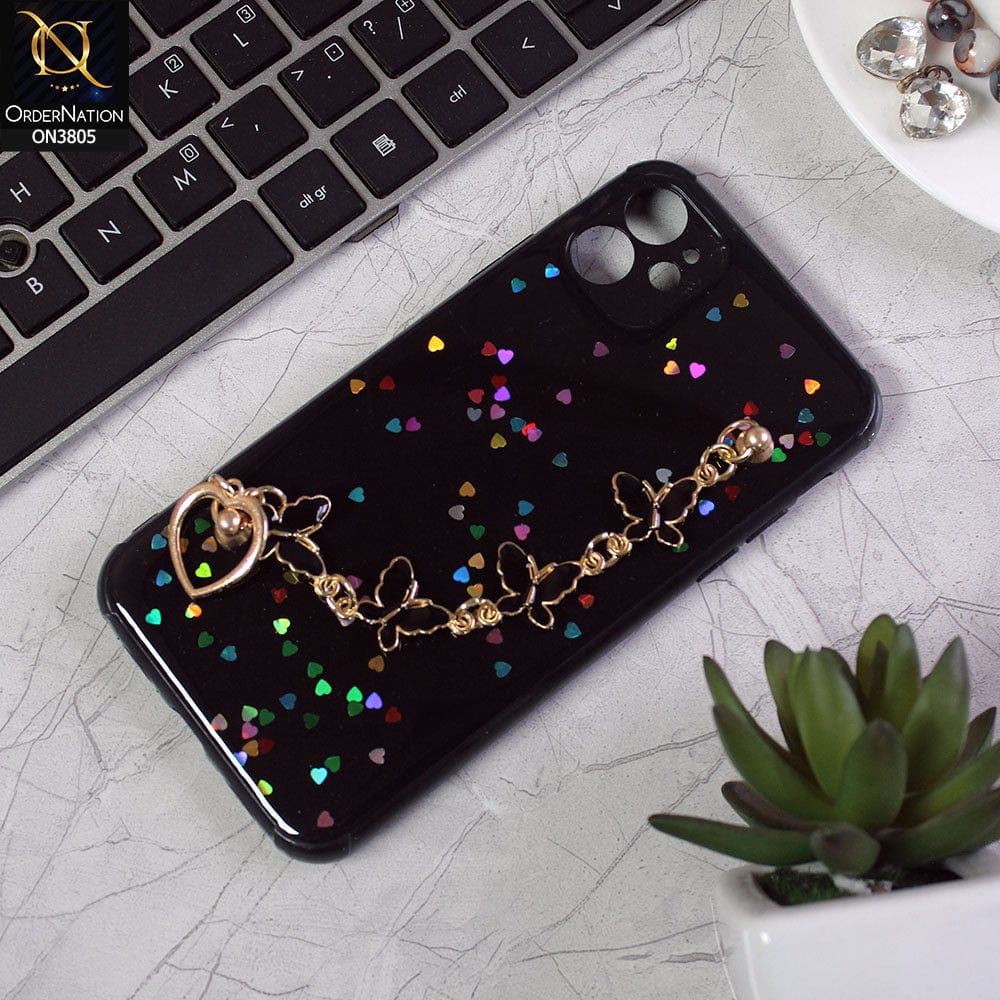 iPhone 11 Cover - Black - Shiny Glitter Candy Color Soft Border Camera Protection Case With Butterfly Chain Holder (Glitter Does not move)