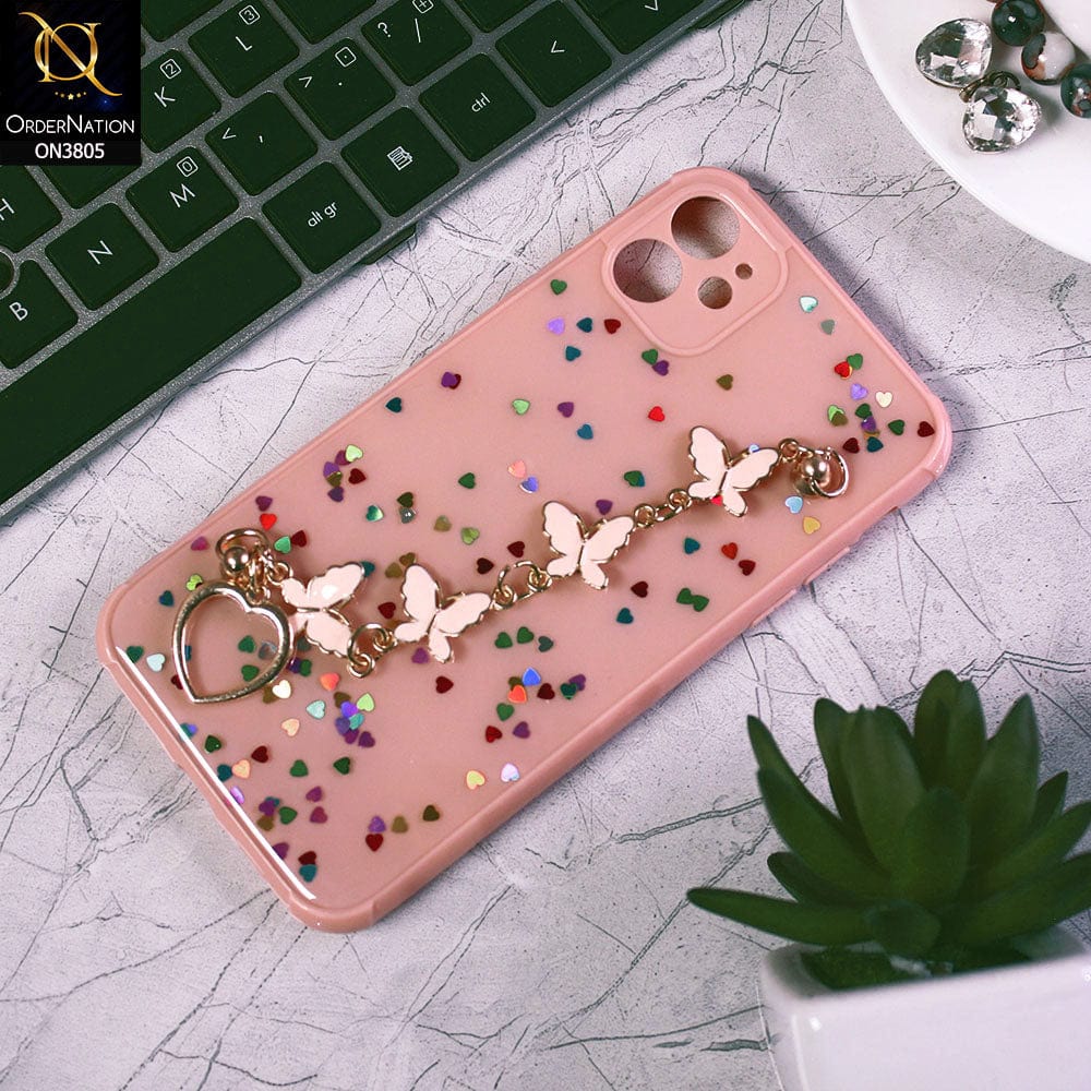iPhone 11 Cover - Pink - Shiny Glitter Candy Color Soft Border Camera Protection Case With Butterfly Chain Holder (Glitter Does not move)