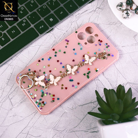 iPhone 11 Pro Cover - Pink - Shiny Glitter Candy Color Soft Border Camera Protection Case With Butterfly Chain Holder (Glitter Does not move)