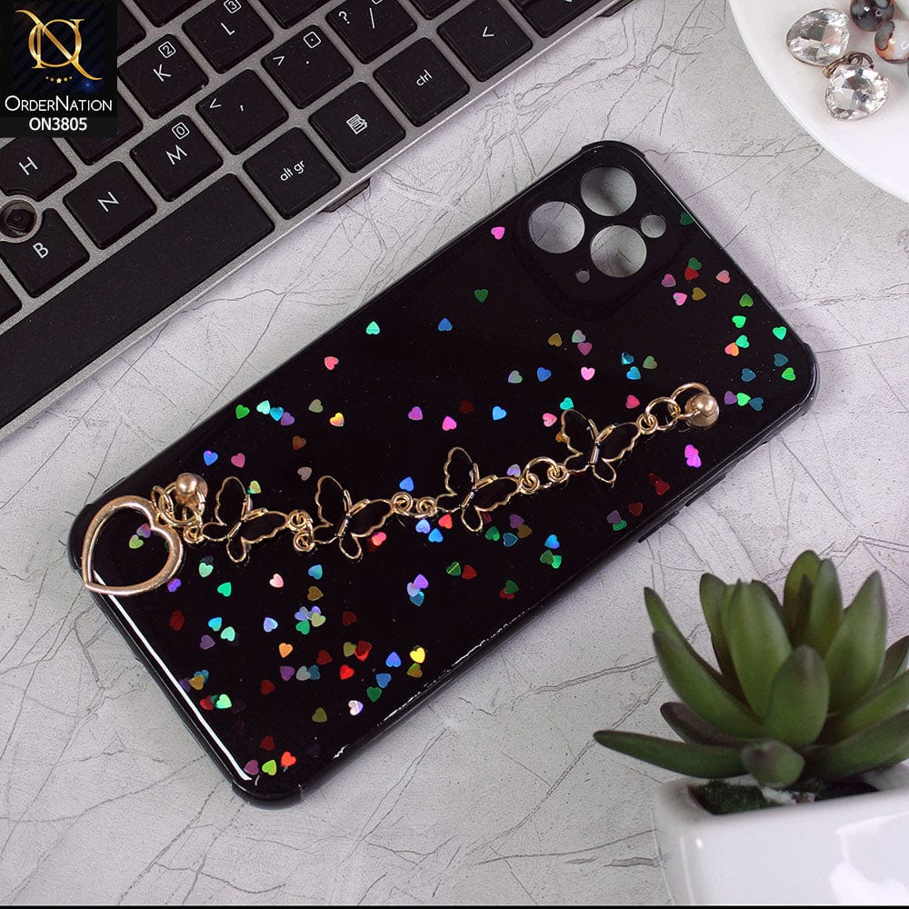iPhone 11 Pro Max Cover - Black - Shiny Glitter Candy Color Soft Border Camera Protection Case With Butterfly Chain Holder (Glitter Does not move)