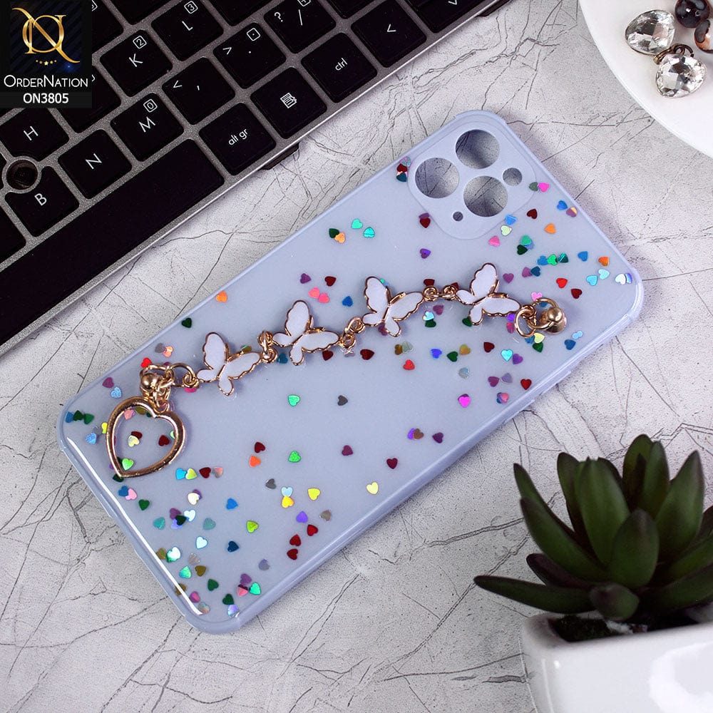 iPhone 11 Pro Max Cover - Purple - Shiny Glitter Candy Color Soft Border Camera Protection Case With Butterfly Chain Holder (Glitter Does not move)