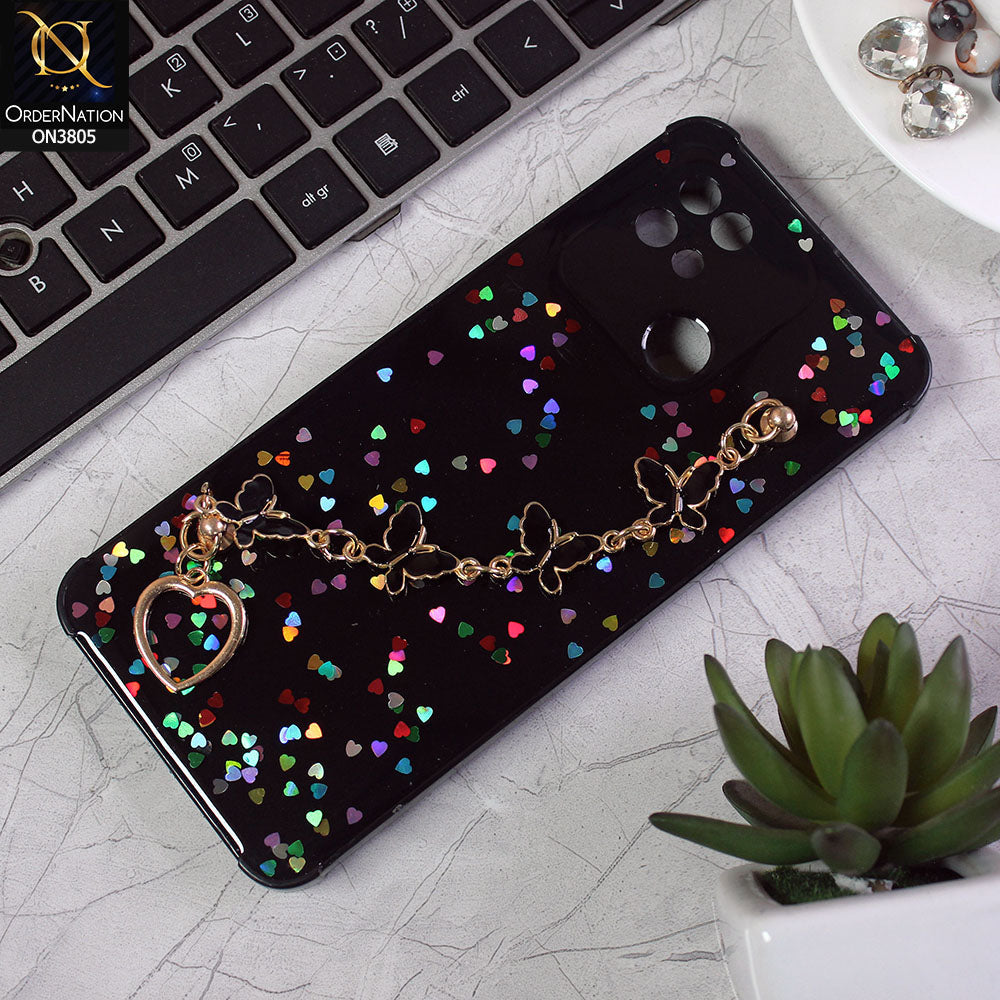 Xiaomi Redmi 10C Cover - Black - Shiny Glitter Candy Color Soft Border Camera Protection Case With Butterfly Chain Holder (Glitter Does not move)