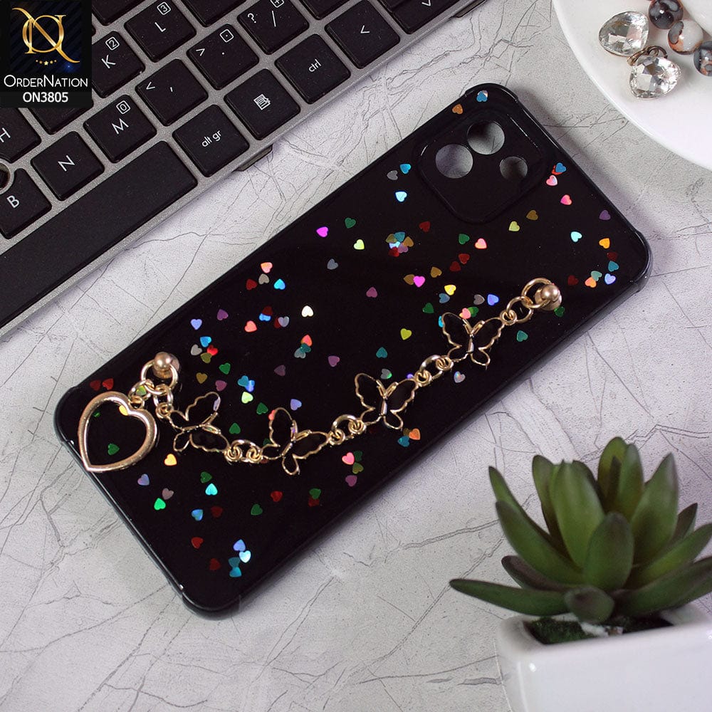 Samsung Galaxy A03 Cover - Black - Shiny Glitter Candy Color Soft Border Camera Protection Case With Butterfly Chain Holder (Glitter Does not move)