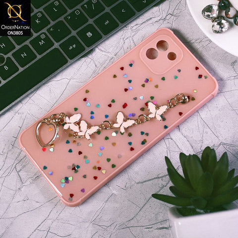 Samsung Galaxy A03 Cover - Pink - Shiny Glitter Candy Color Soft Border Camera Protection Case With Butterfly Chain Holder (Glitter Does not move)