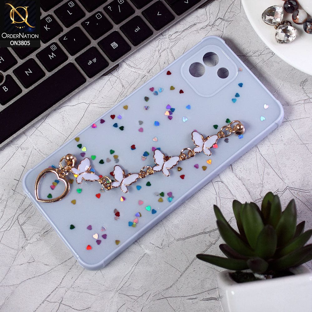 Samsung Galaxy A03 Cover - Purple - Shiny Glitter Candy Color Soft Border Camera Protection Case With Butterfly Chain Holder (Glitter Does not move)