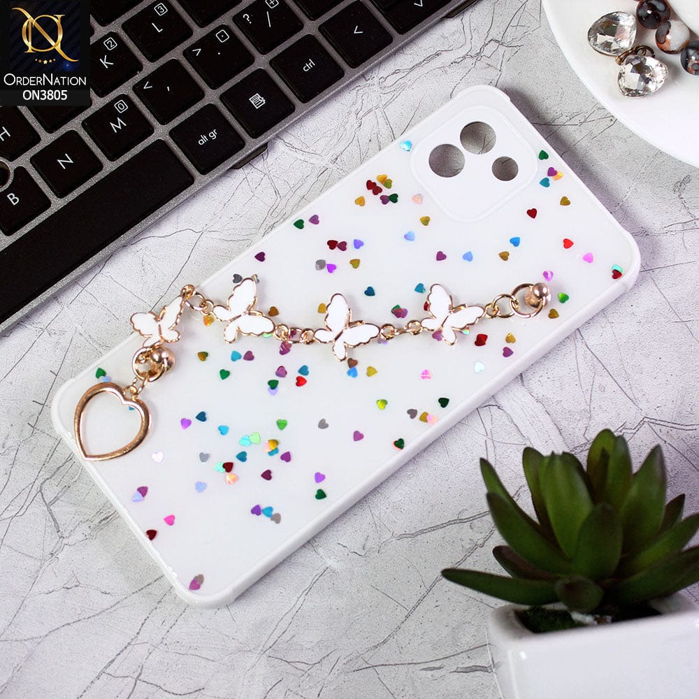 Samsung Galaxy A03 Cover - White - Shiny Glitter Candy Color Soft Border Camera Protection Case With Butterfly Chain Holder (Glitter Does not move)
