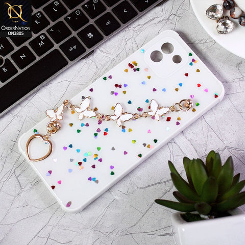 Samsung Galaxy A03 Cover - White - Shiny Glitter Candy Color Soft Border Camera Protection Case With Butterfly Chain Holder (Glitter Does not move)