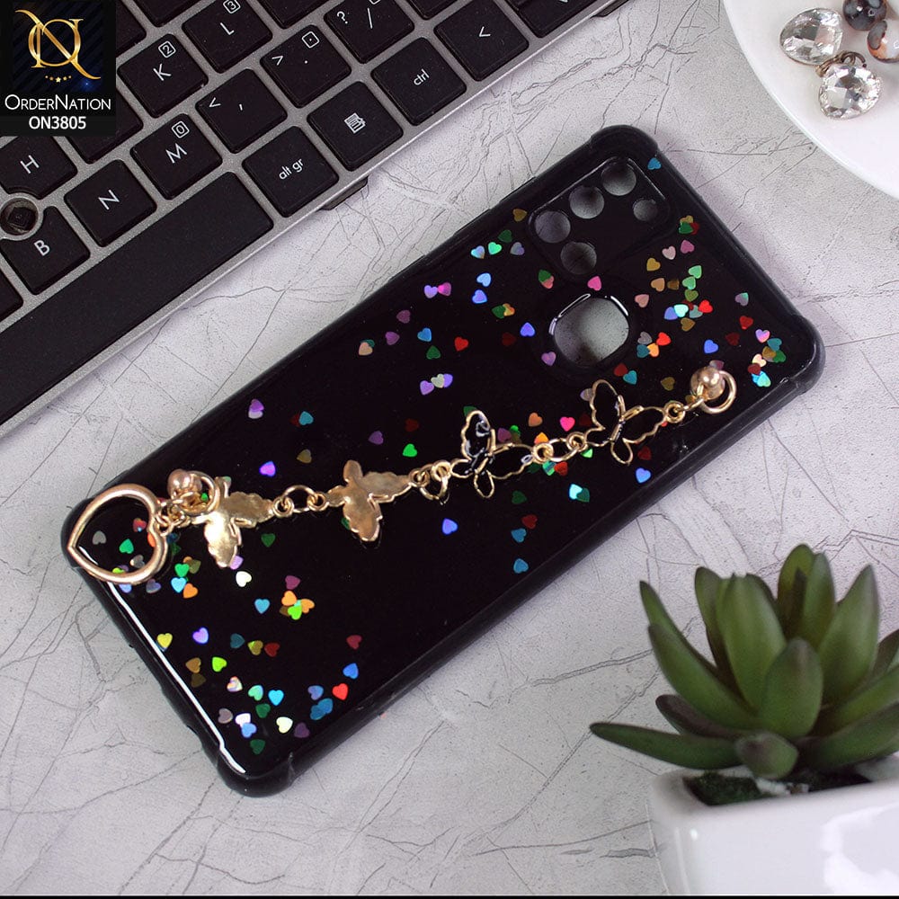 Samsung Galaxy A21s Cover - Black - Shiny Glitter Candy Color Soft Border Camera Protection Case With Butterfly Chain Holder (Glitter Does not move)