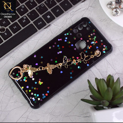 Samsung Galaxy A21s Cover - Black - Shiny Glitter Candy Color Soft Border Camera Protection Case With Butterfly Chain Holder (Glitter Does not move)