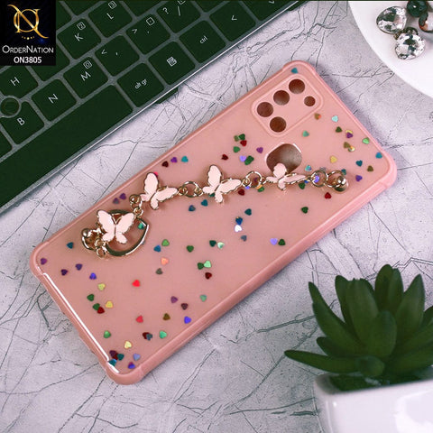 Samsung Galaxy A21s Cover - Pink - Shiny Glitter Candy Color Soft Border Camera Protection Case With Butterfly Chain Holder (Glitter Does not move)