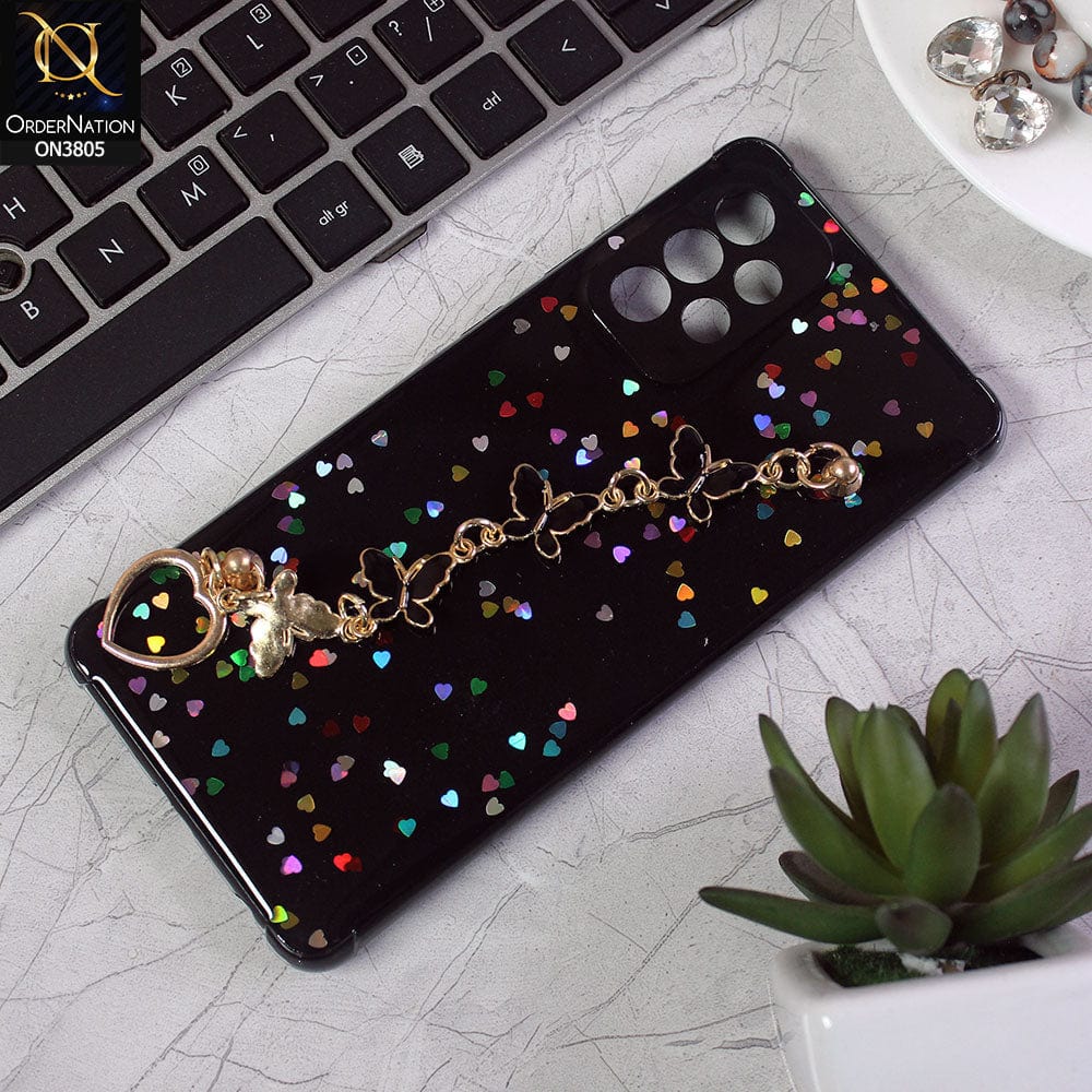 Samsung Galaxy A72 Cover - Black - Shiny Glitter Candy Color Soft Border Camera Protection Case With Butterfly Chain Holder (Glitter Does not move)