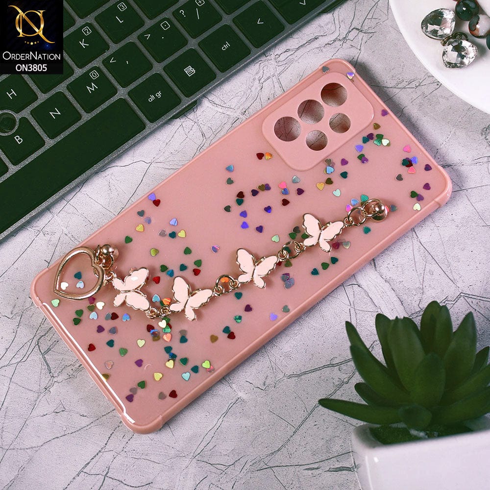 Samsung Galaxy A72 Cover - Pink - Shiny Glitter Candy Color Soft Border Camera Protection Case With Butterfly Chain Holder (Glitter Does not move)