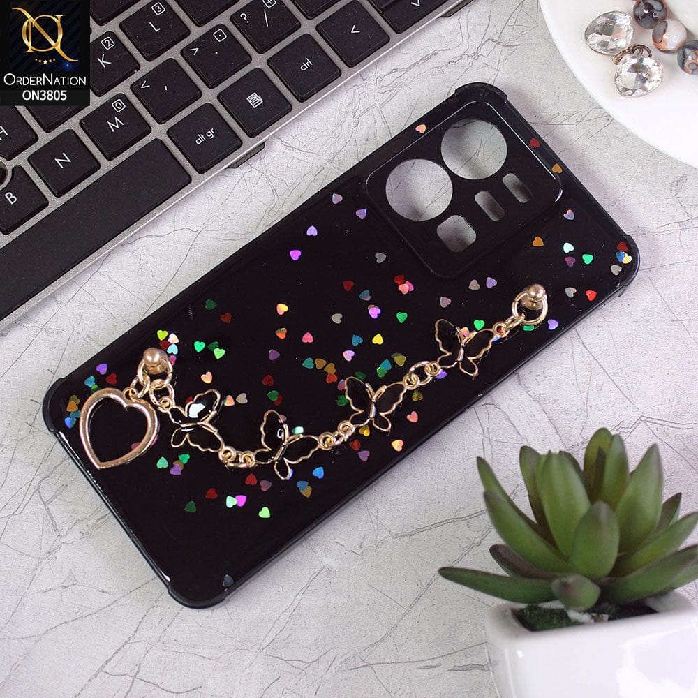 Vivo Y22s Cover - Black - Shiny Glitter Candy Color Soft Border Camera Protection Case With Butterfly Chain Holder (Glitter Does not move)