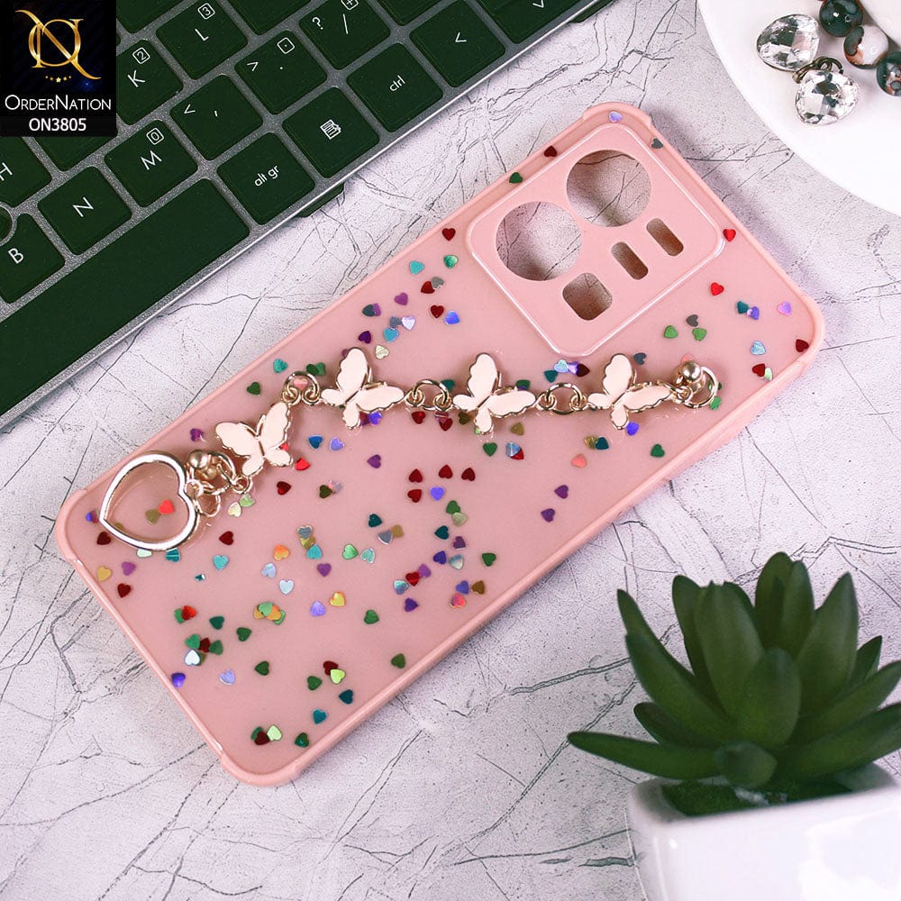 Vivo Y22 Cover - Pink - Shiny Glitter Candy Color Soft Border Camera Protection Case With Butterfly Chain Holder (Glitter Does not move)