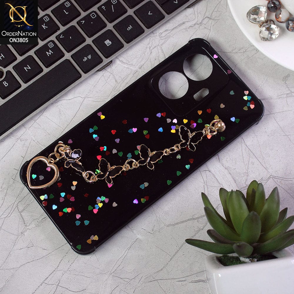 Vivo Y55 4G Cover - Black - Shiny Glitter Candy Color Soft Border Camera Protection Case With Butterfly Chain Holder (Glitter Does not move)