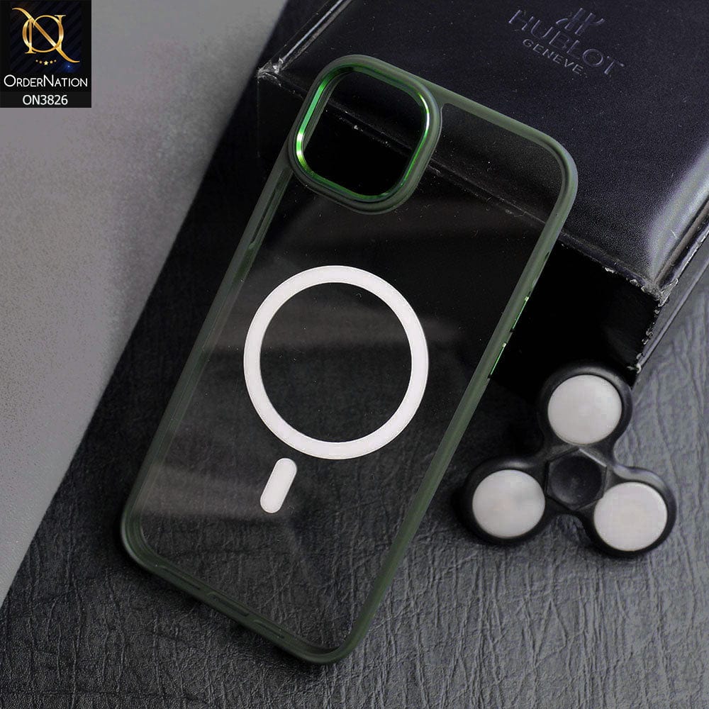iPhone 14 Plus Cover - Green - New MagSafe Colored Soft Silicone Borders With Electroplating Camera Ring Clear Back Case ( MagSafe Notification Enabled )