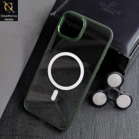iPhone 14 Plus Cover - Green - New MagSafe Colored Soft Silicone Borders With Electroplating Camera Ring Clear Back Case ( MagSafe Notification Enabled )