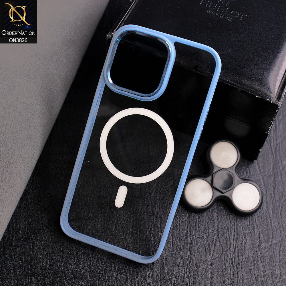 iPhone 14 Pro Max Cover - Carolina Blue - New MagSafe Colored Soft Silicone Borders With Electroplating Camera Ring Clear Back Case ( MagSafe Notification Enabled )