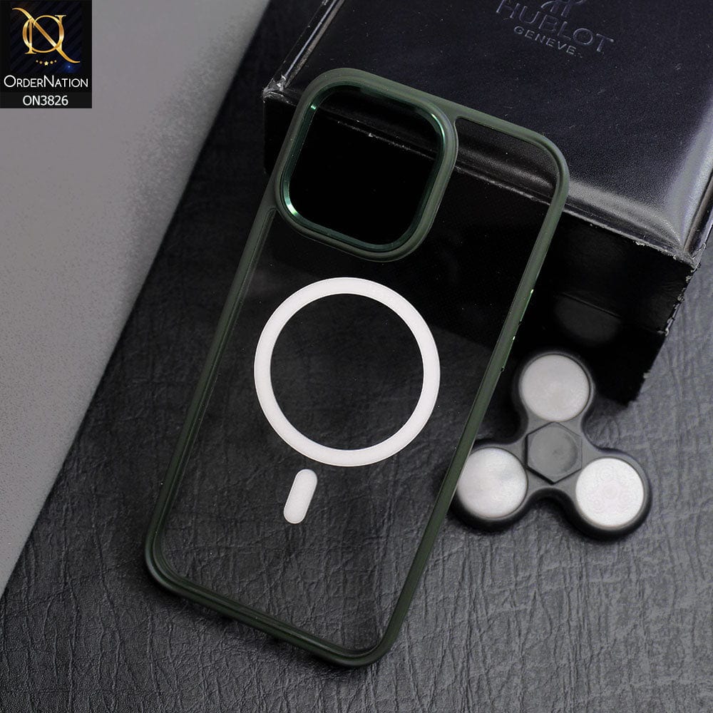 iPhone 14 Pro Max Cover - Green - New MagSafe Colored Soft Silicone Borders With Electroplating Camera Ring Clear Back Case ( MagSafe Notification Enabled )