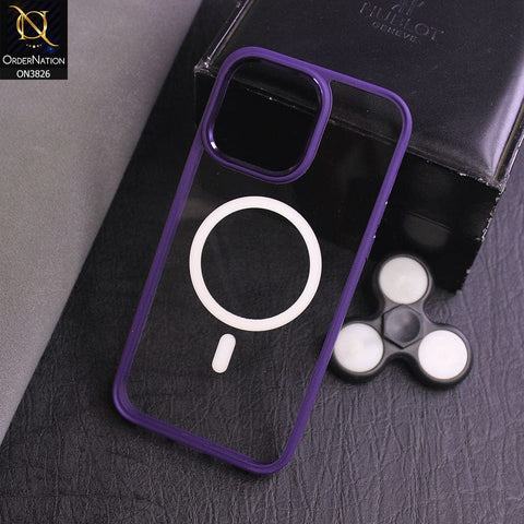 iPhone 14 Pro Max Cover - Purple - New MagSafe Colored Soft Silicone Borders With Electroplating Camera Ring Clear Back Case ( MagSafe Notification Enabled )