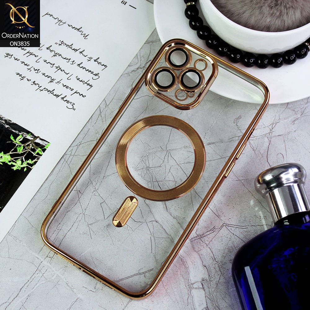 iPhone 14 Pro Max Cover - Golden - All New Stylish Chrome MagSafe Camera Lense Protection Soft Silicone Case ( MagSafe Notification Not Enabled )