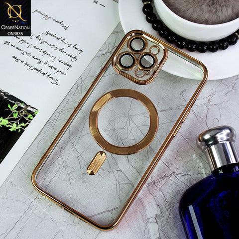 iPhone 14 Pro Max Cover - Golden - All New Stylish Chrome MagSafe Camera Lense Protection Soft Silicone Case ( MagSafe Notification Not Enabled )