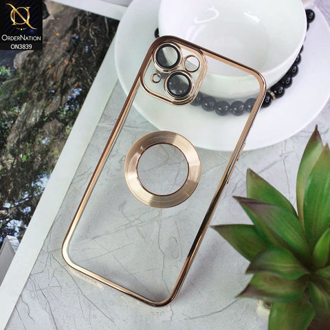 iPhone 14 Cover - Golden - New Soft Color Borders Logo Hole With Camera Lense Protection Clear Back Case