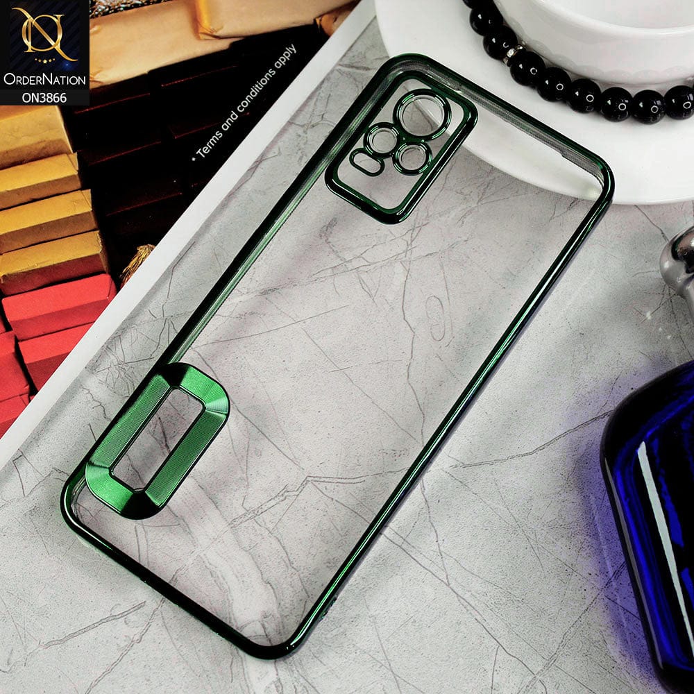 Vivo V21e Cover - Green - Electroplating Borders Chrome Logo Hole Soft Silicone Camera Bumper Case