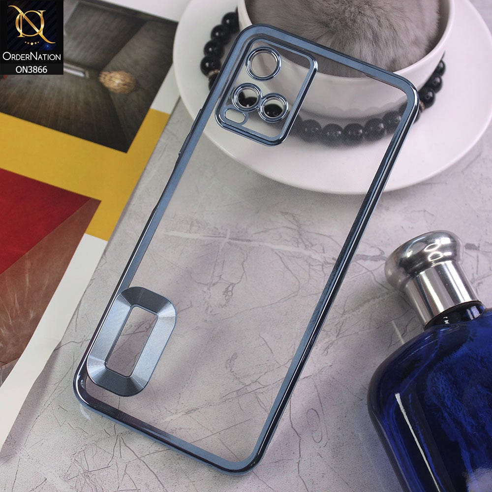 Vivo Y21e Cover - Sierra Blue - Electroplating Borders Chrome Logo Hole Soft Silicone Camera Bumper Case
