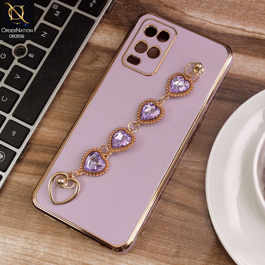 Oppo A54 4G Cover - Purple - New Electroplating Silk Shiny Camera Bumper Soft Case With Heart Chain Holder